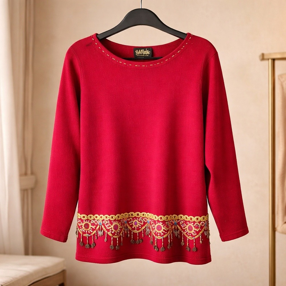 Bob‎ Mackie Wearable Art 1X  Red Embellished Coin Gemstone Sweater Ornate Boho